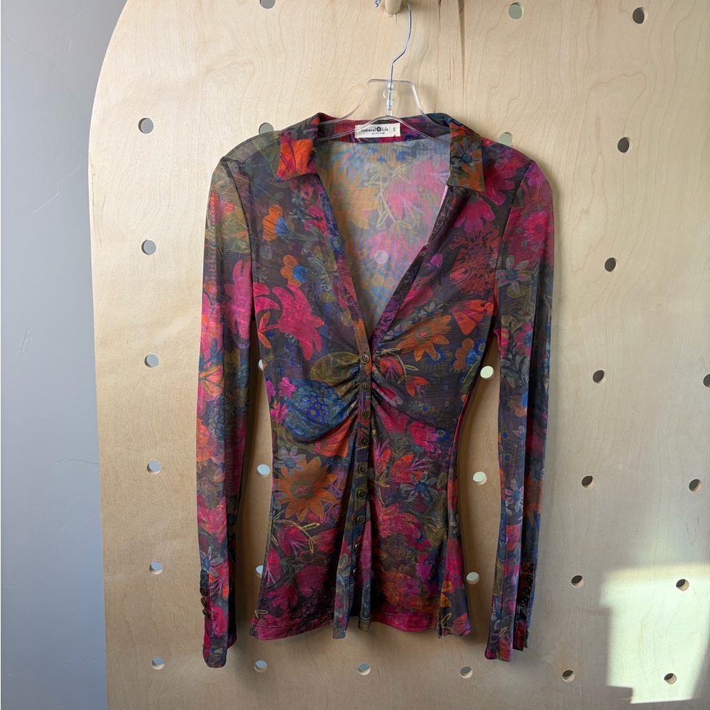 Natural Life Carina Mesh Top Boho Floral Women’s Size Small - Picture 2 of 6